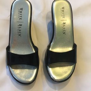 WHBM black patent platform slide sandals 6